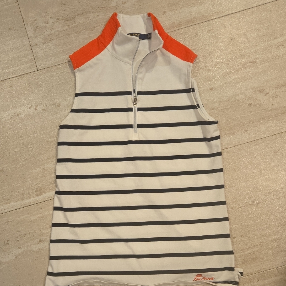 POLO Golf Ralph Lauren White/Black Striped Mock Neck 1/4 Zip Polo Tank Top